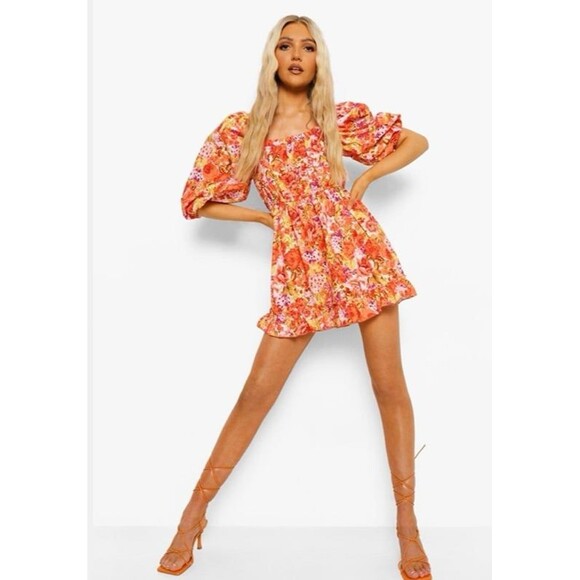 Boohoo Orange Floral Romper Size 4 - Picture 1 of 9